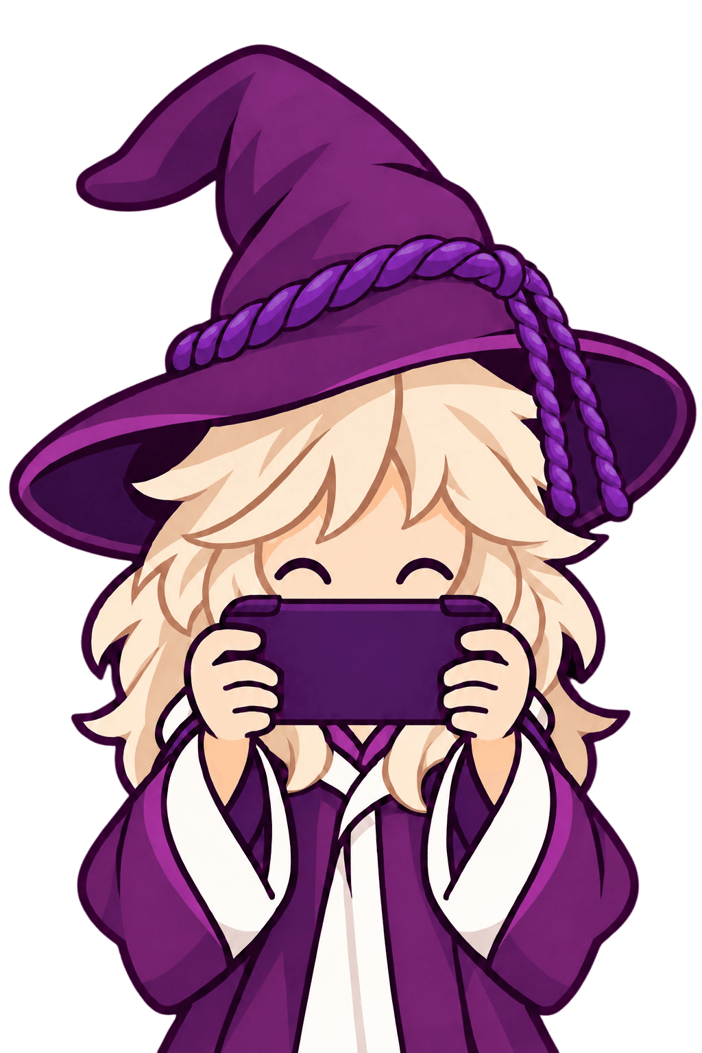 Magic Lia, eyes closed with a smile, holding her handheld under a wizard hat